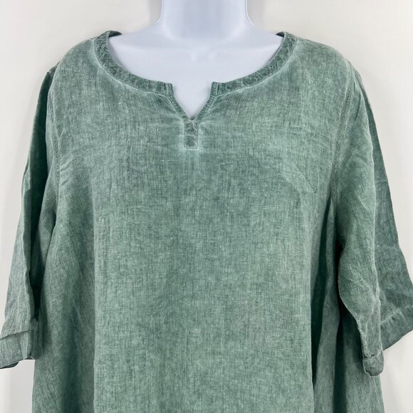 CHEYENNE S/M 100% Linen Tunic Sage Green Circle Cutout Artsy Lagenlook Top - Picture 2 of 11